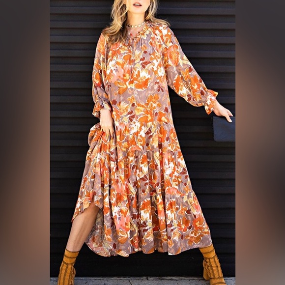 easel Dresses Floral Printed Maxi Dress In Mushroom Womens Fit